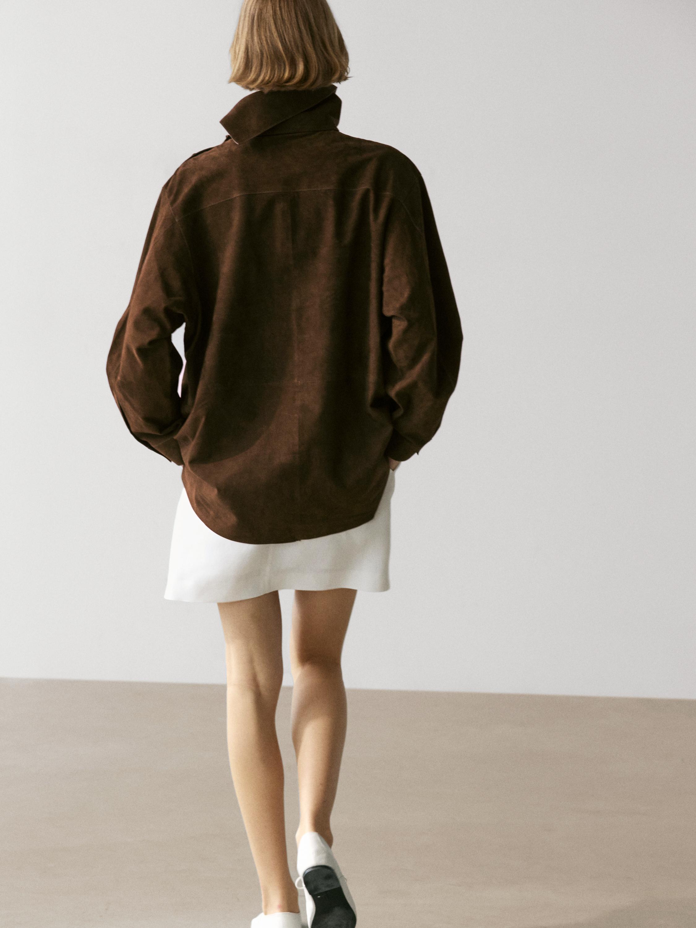 Suede leather oversize blouse with high neck